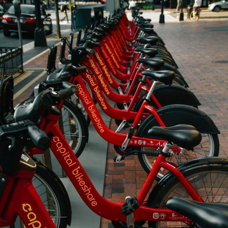 Capital Bikeshare bikes parked in a row in Washington DC