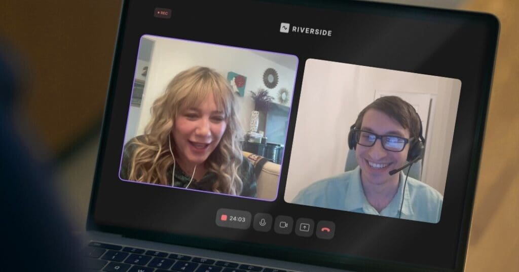 A laptop screen showing Flynn on a podcast call.