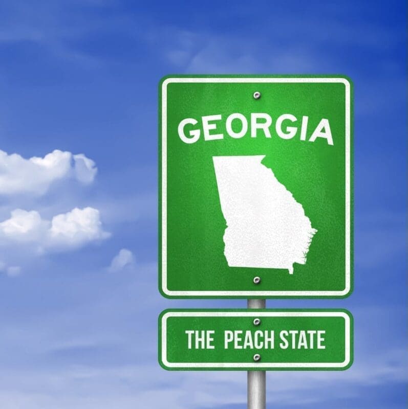 Georgia highway sign, with a subtitle that reads "The Peach State".