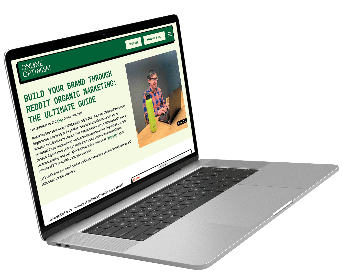 Laptop with screenshot of Online Optimism's Guide to Organic Reddit Marketing