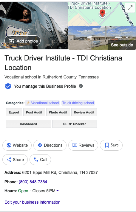 A screenshot of the Google Maps listing for TDI's Christiana, TN location.