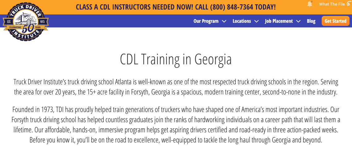 A screenshot of TDI's webpage for their Atlanta location.