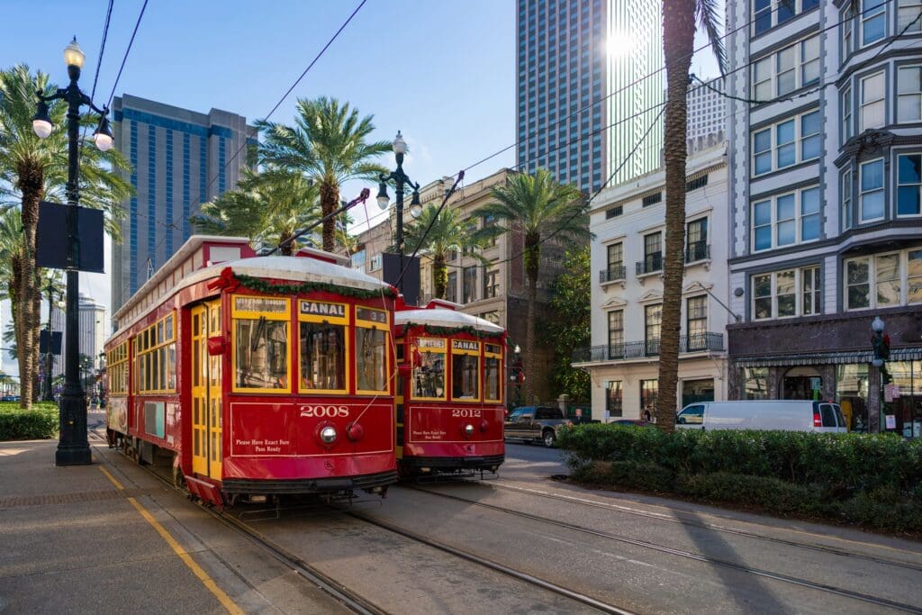 A red streetcar in New Orleans