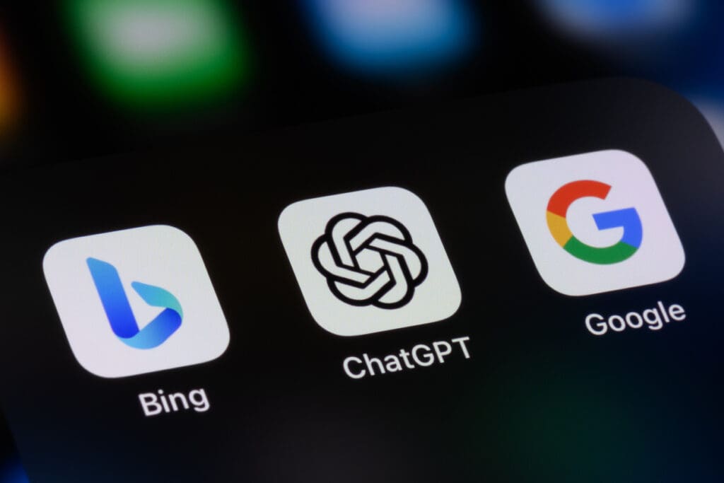 ChatGPT, Bing and Google apps on an iPhone.