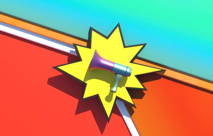 Visualization of megaphone over a yellow burst, with striped background