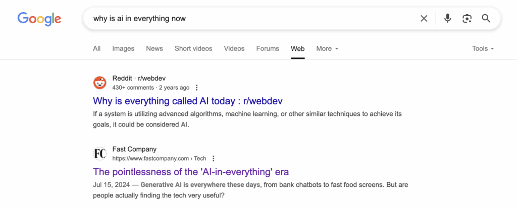 The same Google search, now with the Web filter turned on. The AI Overview is gone, and the first two regular Google search results can be seen instead: a Reddit post and an article from Fast Company.