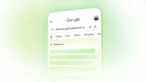 Google's preview image of their AI Overview feature, showing it beginning to generate an answer for the query "what are good options for a..." on a mockup phone screen with a light green gradient around it.
