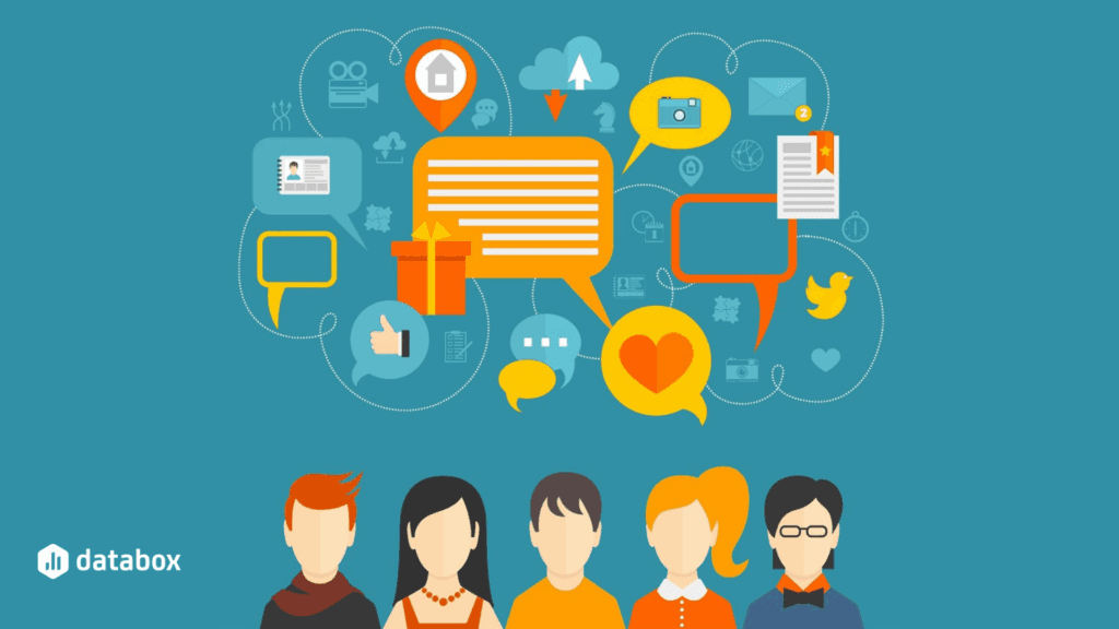 Illustration of 5 figures standing beneath social media-related imagery