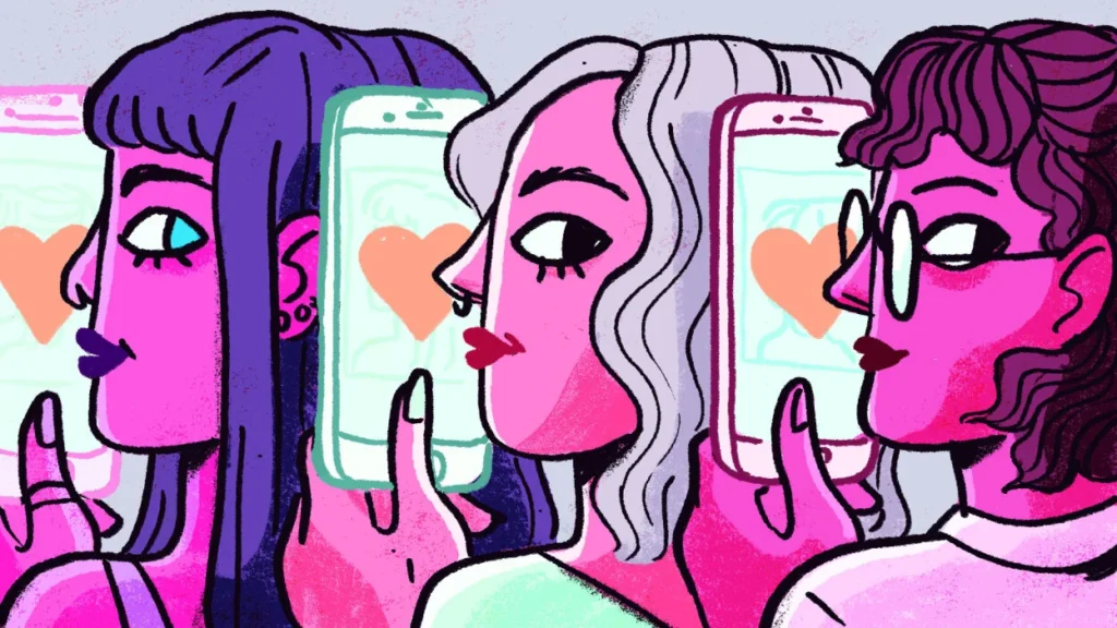 Illustration of three people looking at phones with hearts on the screens