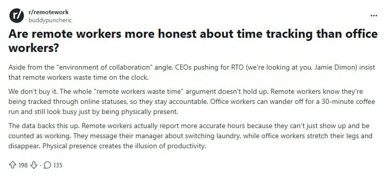 A Reddit post from u/buddypuncheric in r/remote work asking, "Are remote workers more honest about time tracking than office workers?" The post has 198 upvotes and 135 comments.