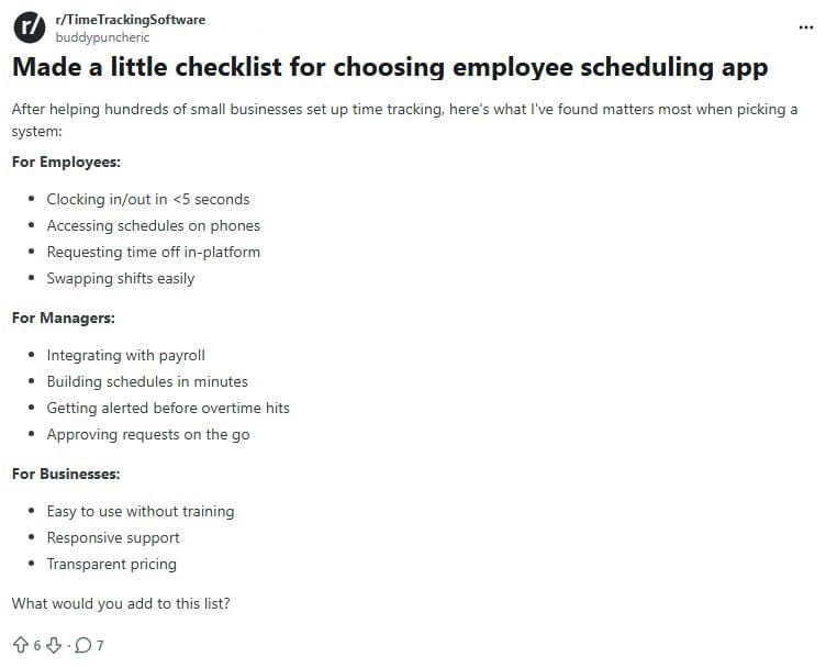 A Reddit post from u/buddypuncheric in r/TimeTrackingSoftware that's titled "Made a little checklist for choosing employee scheduling app." The post has 6 upvotes and 7 comments