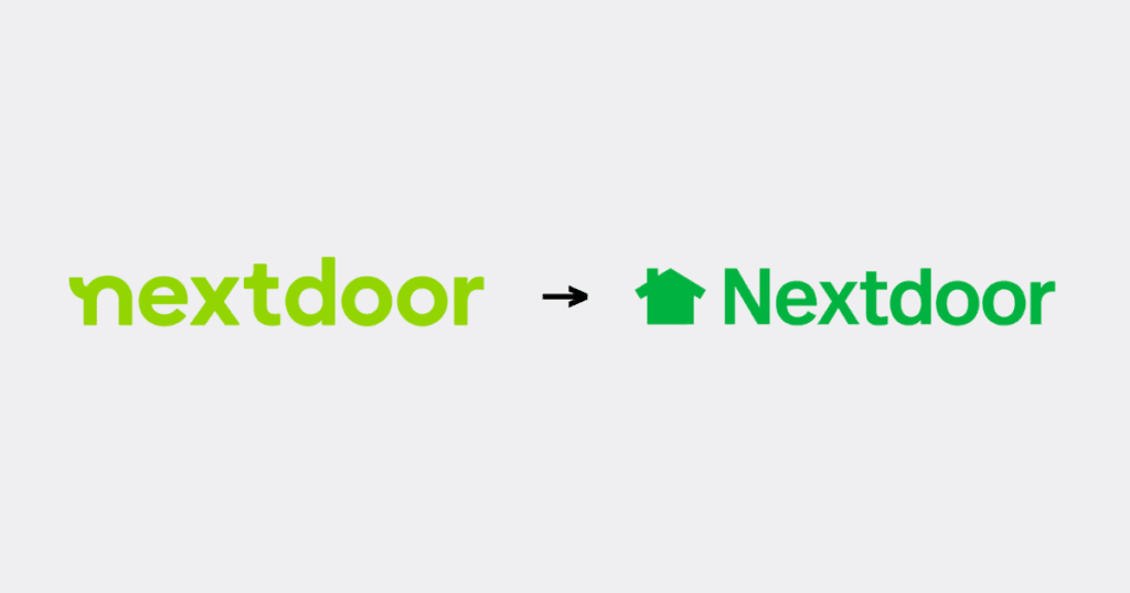 Old Nextdoor logo version with an arrow pointing to the new Nextdoor logo