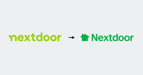 Old Nextdoor logo version with an arrow pointing to the new Nextdoor logo