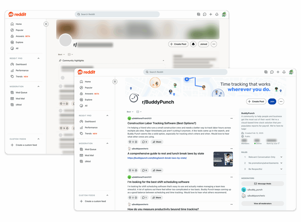 Visualization of both clients' subreddits, displaying their profile setups and some posts.