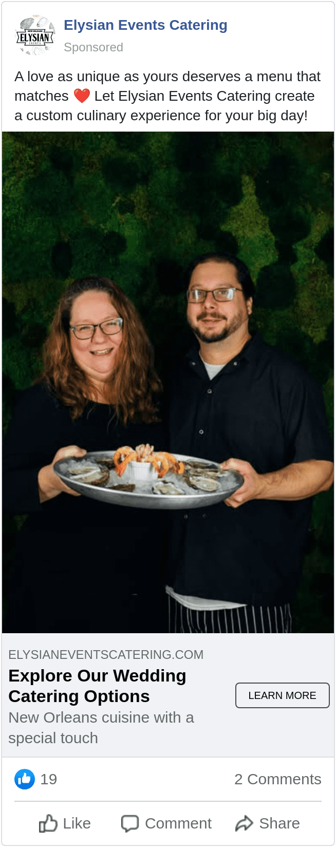 Meta ad for Elysian Events Catering that features a photo of the company's owners, Jen Sherrod and Brandon Blackwell, holding a plate of oysters. The caption reads, "A love as unique as yours deserves a menu that matches [heart emoji] Let Elysian Events Catering create a custom culinary experience for your big day!"