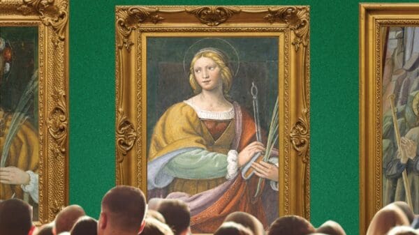 crowds gather around a gallery wall of paintings