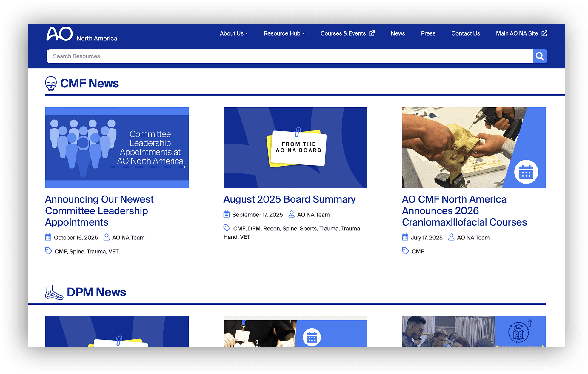 A screenshot of the resource hubs featuring recent blog posts on the homepage of AO North America's new website.