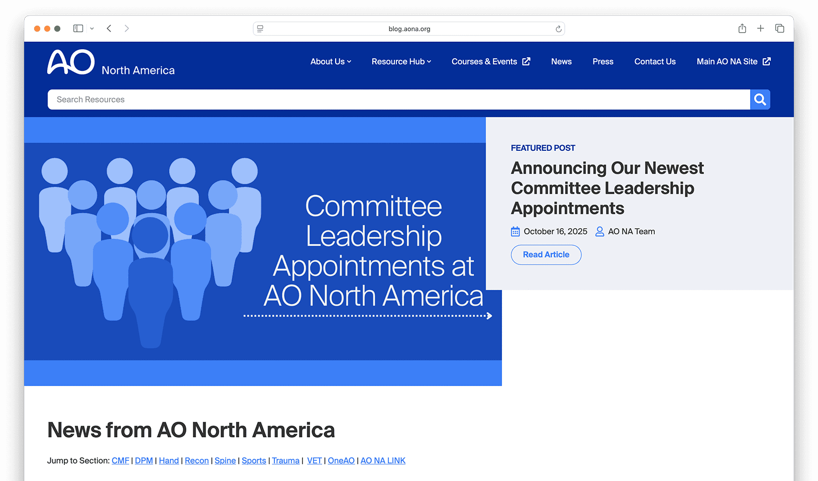 The homepage for AO North America's new blog site.