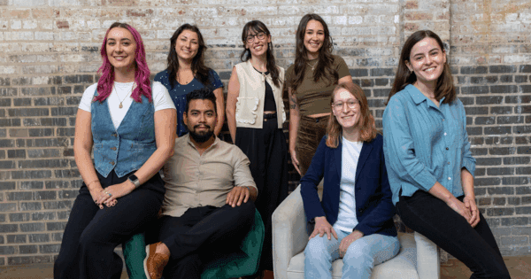 Sara, Jordan, Meara, Madison, Esteban, Lauren, and Claire sitting together