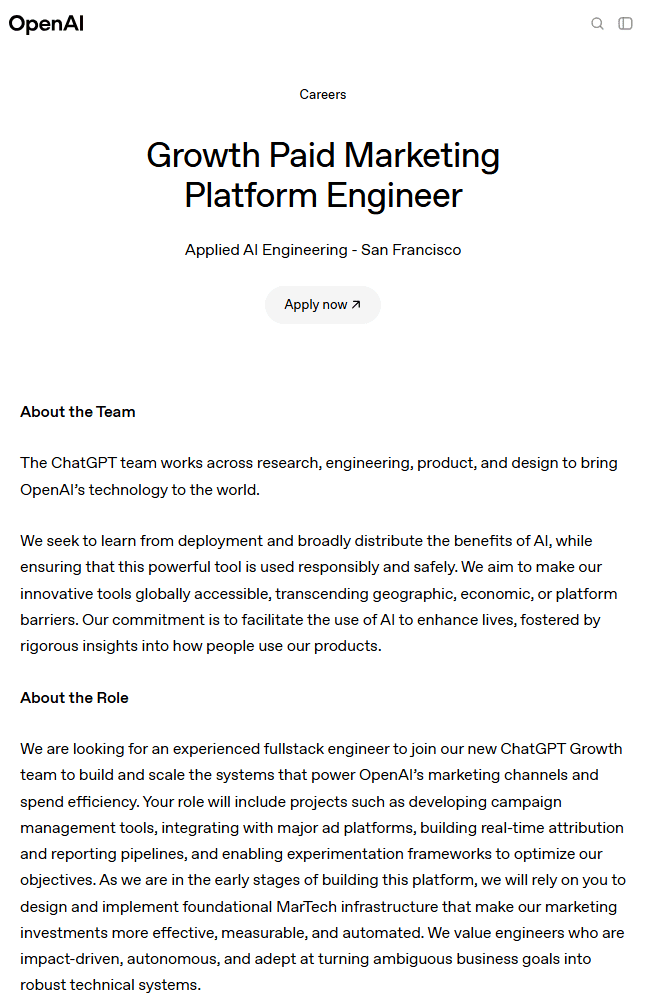 A job listeing for a Growth Paid Marketing Platform Engineer from OpenAI