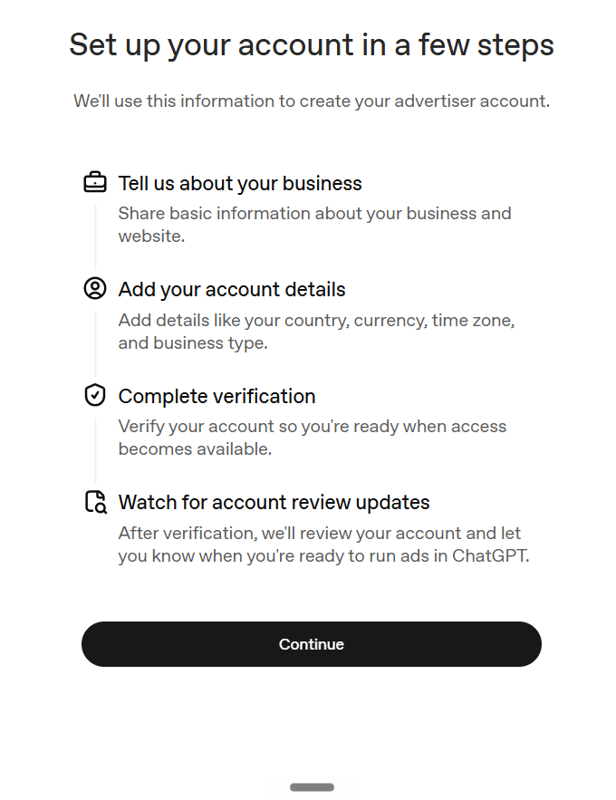Setting up your ChatGPT ad account.