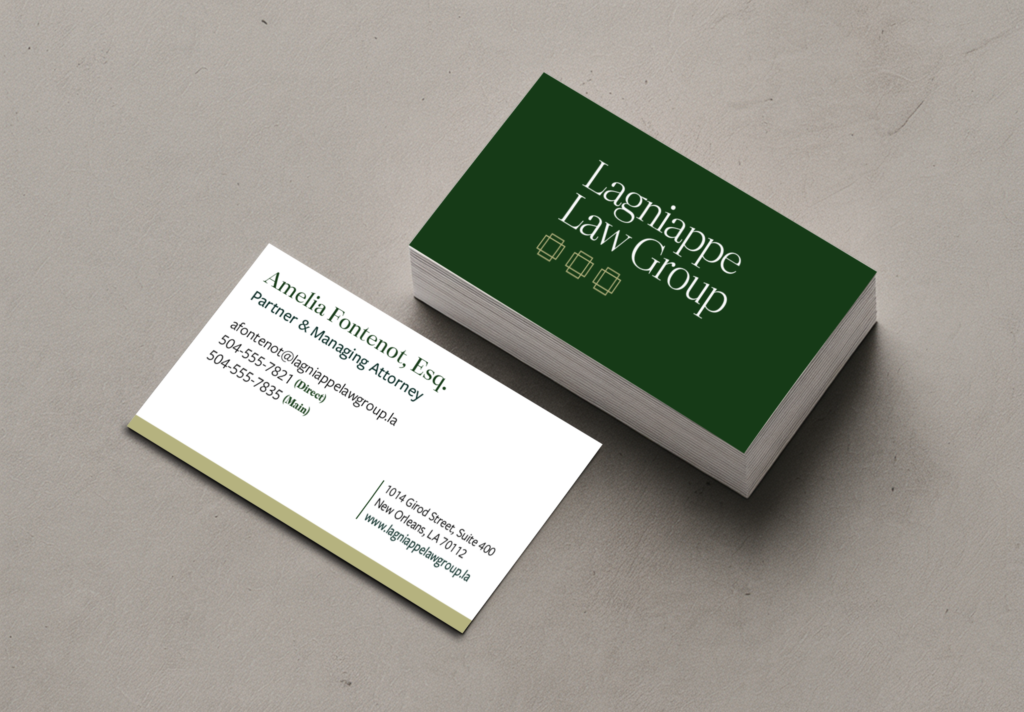 Lagniappe Law Group business cards in green