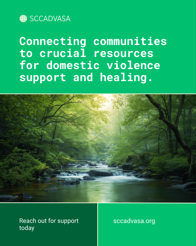 One of Claude's generated graphics. There's a fake SCCADVASA logo at the top. Underneath, the copy reads, "Connecting communities to crucial resources for domestic violence support and healing." There's an image of a river surrounded by trees. At the bottom, it says, "Reach out for support today," and at right, "sccadvasa.org."