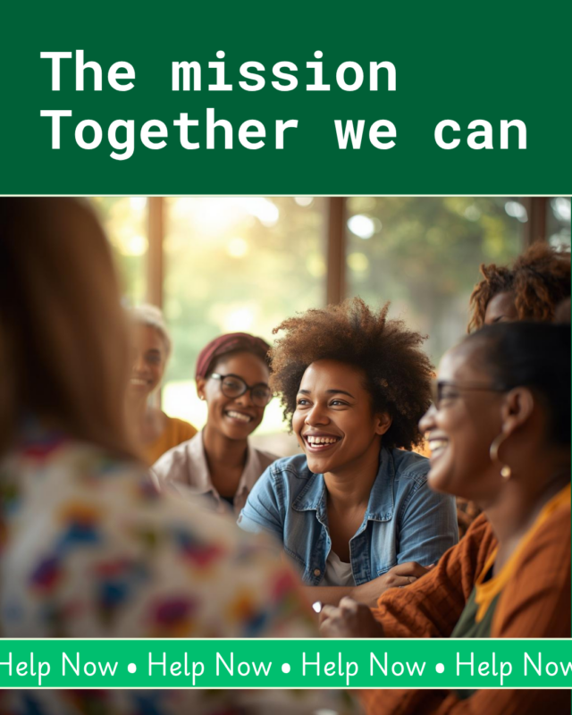 One of Claude's generated graphics. The copy reads, "The Mission Together we can," at the top, with a ticker tape-style graphic at the bottom reading "Help Now - Help Now - Help Now." Between them is a generated image of laughing women.