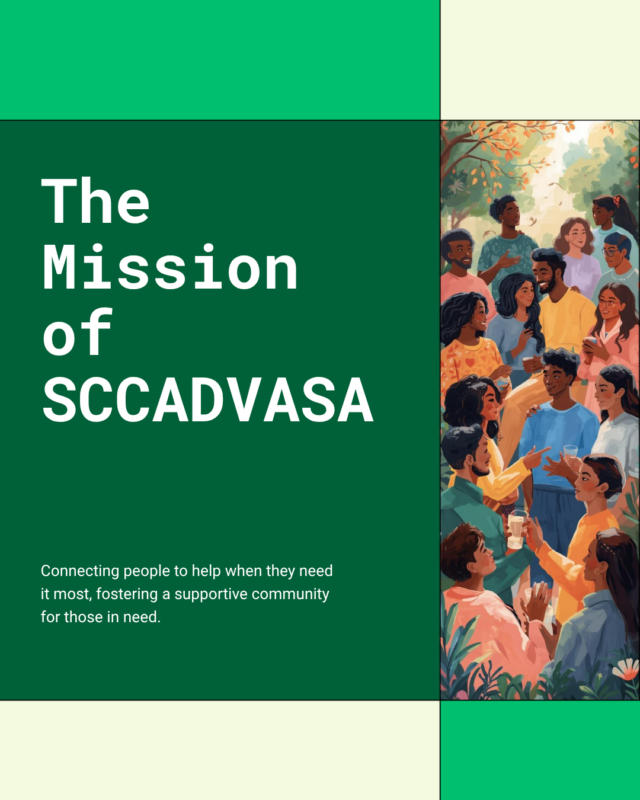 One of Claude's generated graphics. At left, there's a heading, "The Mission of SCCADVASA," with a subline underneath, "Connecting people to help when they need it most, fostering a supportive community for those in need." At right, there's a generated illustration of many people talking outdoors. The composition is arranged into an outlined rectangular grid.