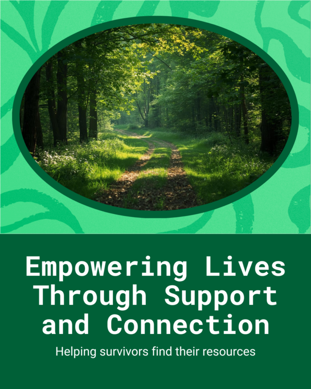 One of Claude's generated graphics. At the top, there's an outlined oval frame for an image of a car path through the woods. Behind it is an abstract illustrative background. Below, a heading, "Empowering Lives Through Support and Connection," and a subline, "Helping survivors find their resources."