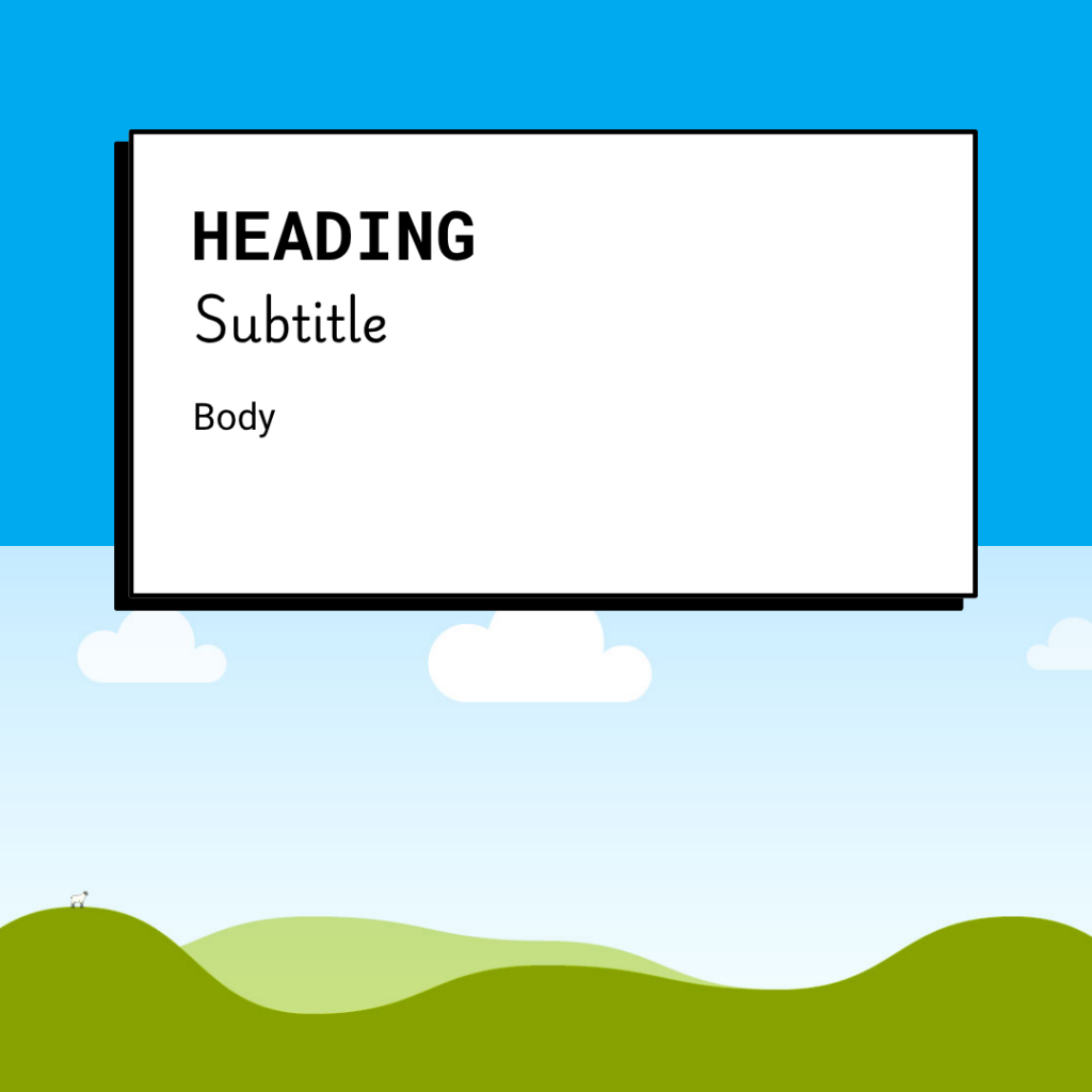 My Test #1 template, square version. The top half is blue, and the bottom half has an image frame. Overlaid is a branded pop-up box with spots for the Heading, Subtitle, and Body text, already in the correct fonts.