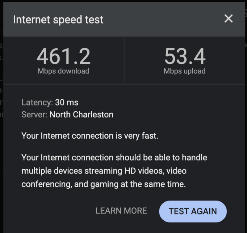 An internet speed test that shows 461.2 Mbps download and 53.4 Mbps upload speeds, identified as being very fast.