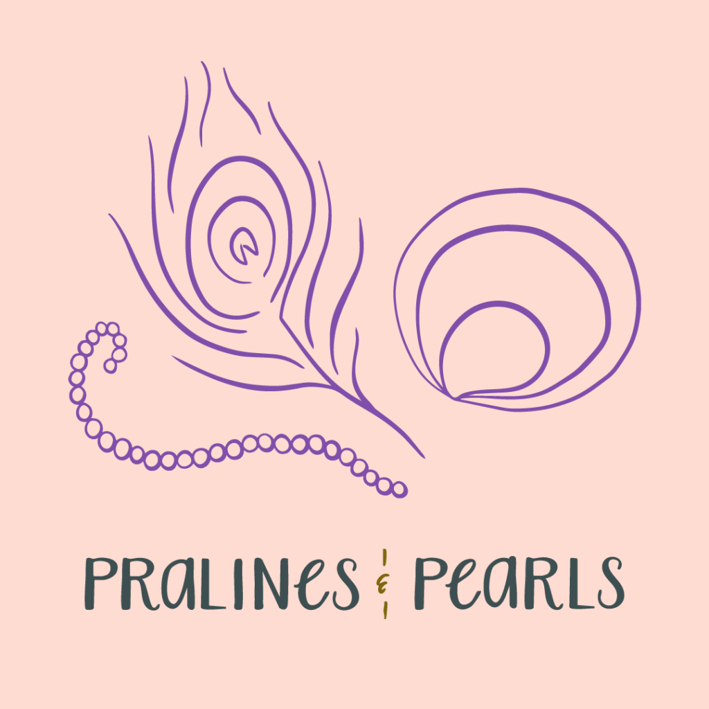 Pralines & Pearls logo with shell, peacock feather, and pearl illustration