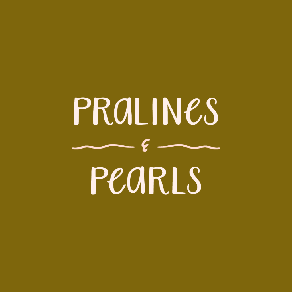Pralines & Pearls logo on caramel