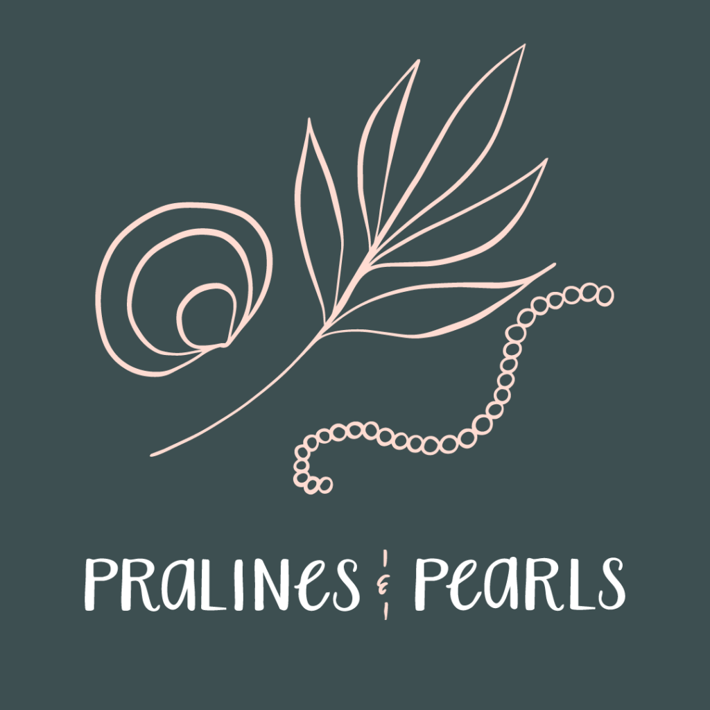 Pralines & Pearls logo with shell, leaf, and pearl illustration