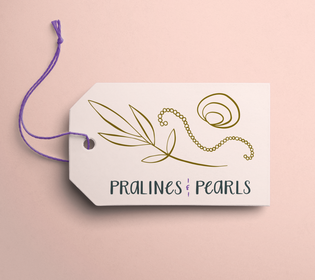 Pralines & Pearls gift tag with illustration of shell, pearls, and leaves