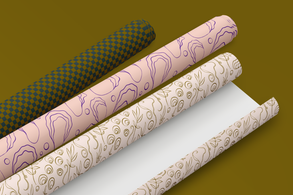 Gift wrap with checker, oyster, and foliage patterns