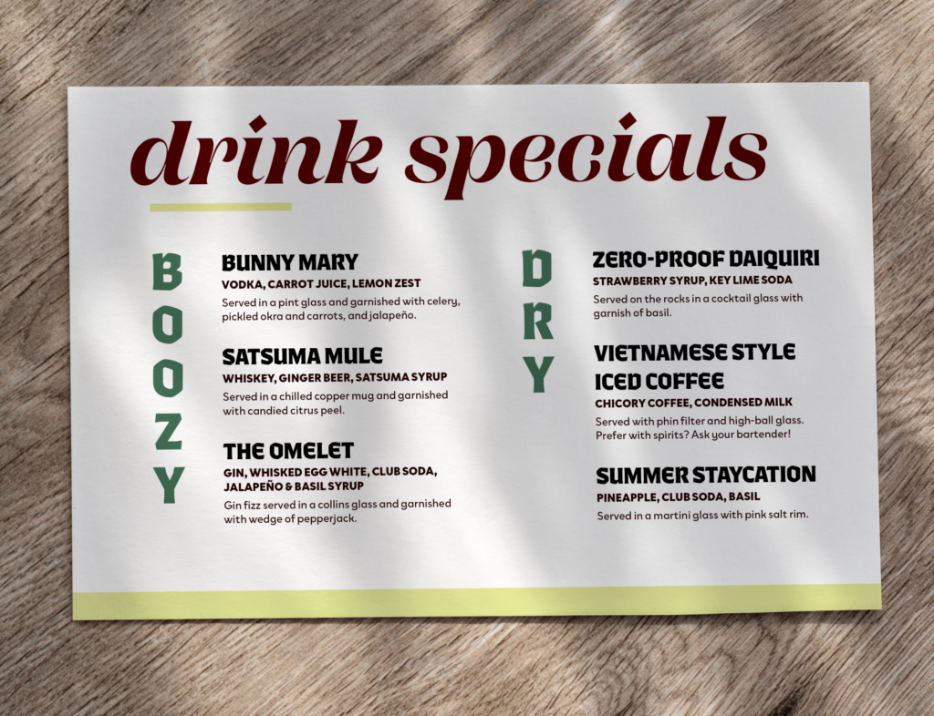 Drink Specials menu