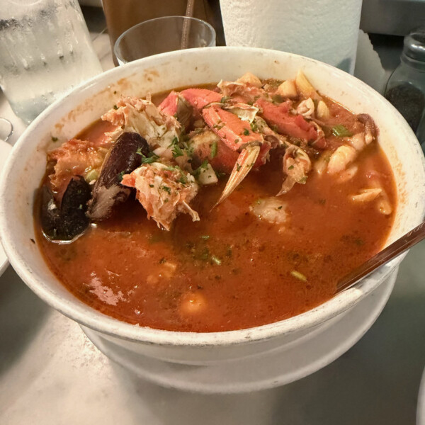 A bowl of cioppino, a seafood soup