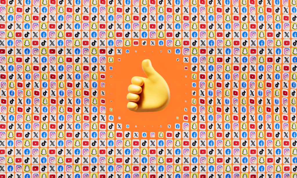 A thumbs up emoji surrounded by various social media icons on an orange background.
