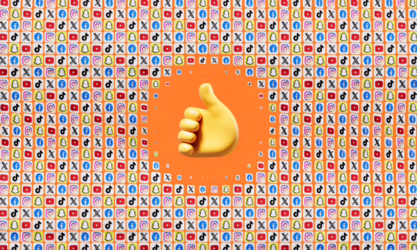 A thumbs up emoji surrounded by various social media icons on an orange background.