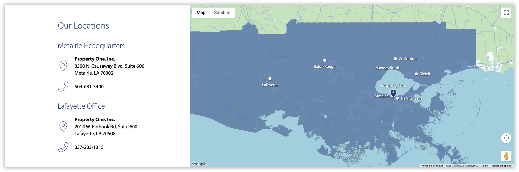 Property One's customized, branded Google Map with highlighted service area regions.