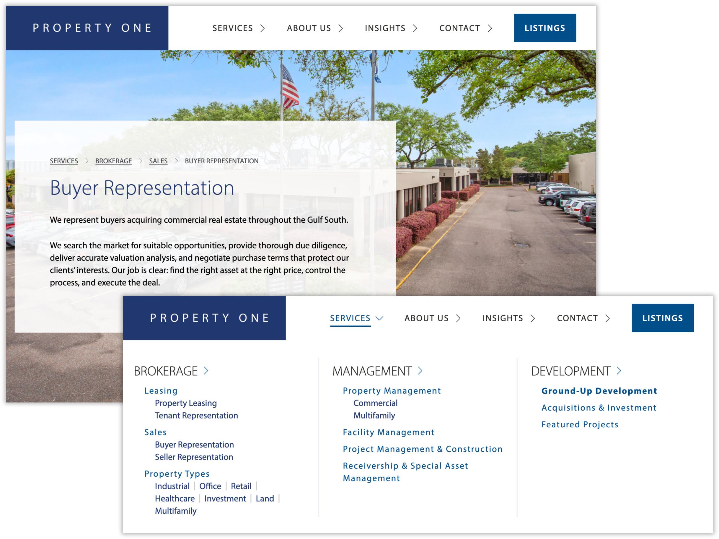 A service page and mega menu on the Property One website