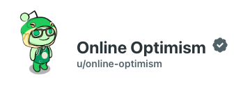 Online Optimism's Reddit avatar with the grey checkmark indicating Reddit business verification