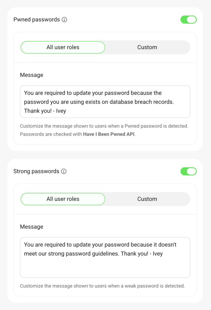 A screenshot of the "Enforce strong passwords" and "Prevent pwned passwords" settings in WP Defender Pro.