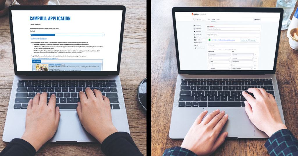 Side by side view of two laptops displaying the front end and back end view of Camphill's application.