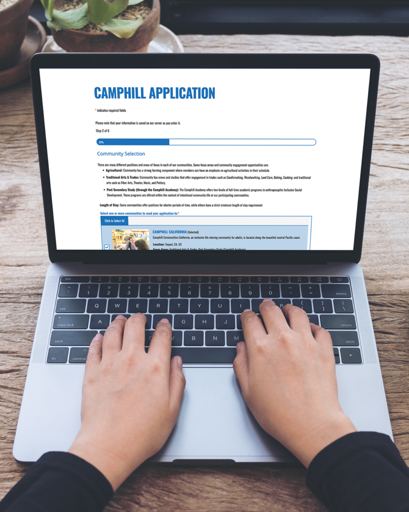 View of front end of Camphill application on laptop.