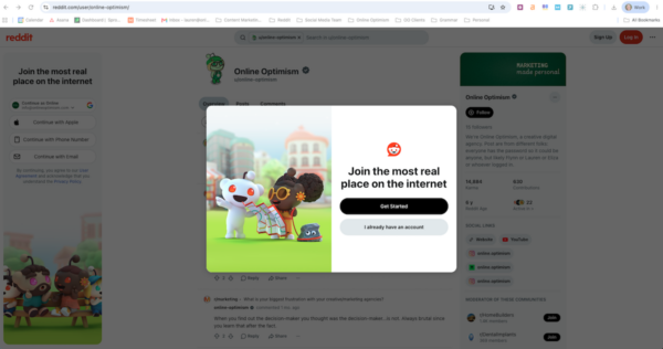 A screenshot Lauren took of Online Optimism's profile on Reddit from a logged-out view with a pop-up requiring you to log in or create an account